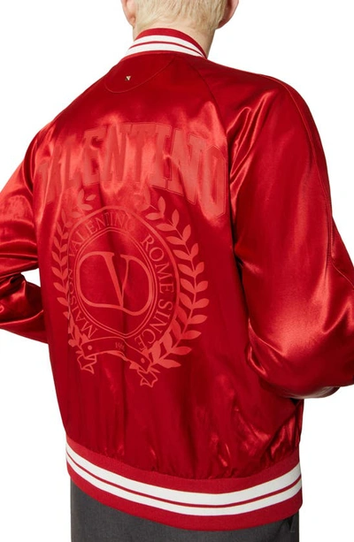 Shop Valentino Crest Logo Satin Baseball Jacket In Rosso
