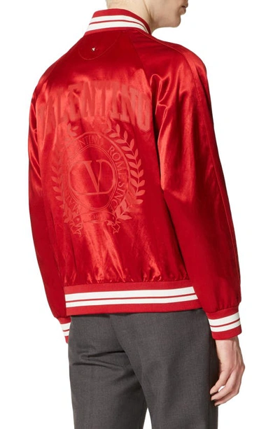 Shop Valentino Crest Logo Satin Baseball Jacket In Rosso