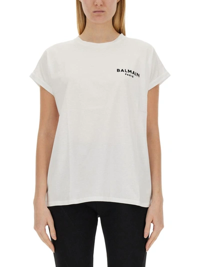 Shop Balmain Flocked Logo T-shirt In White