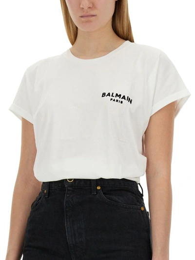 Shop Balmain Flocked Logo T-shirt In White