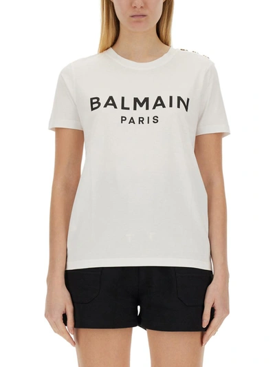 Balmain White T-shirt For Girl With Logo And Rhinestones In White
