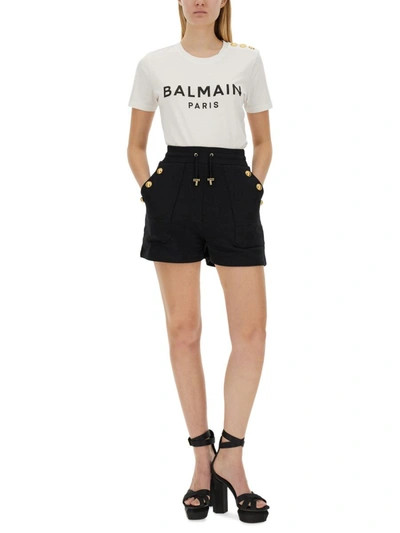Balmain White T-shirt For Girl With Logo And Rhinestones In White