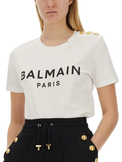 Balmain White T-shirt For Girl With Logo And Rhinestones In White