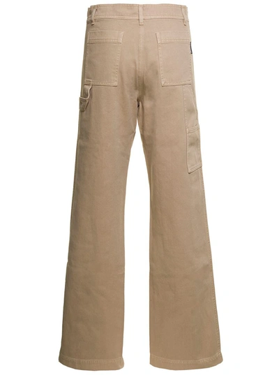 Palm Angels Beige 'cargo' Pants With Embroidered Palm In Cotton Denim Woman In Beige