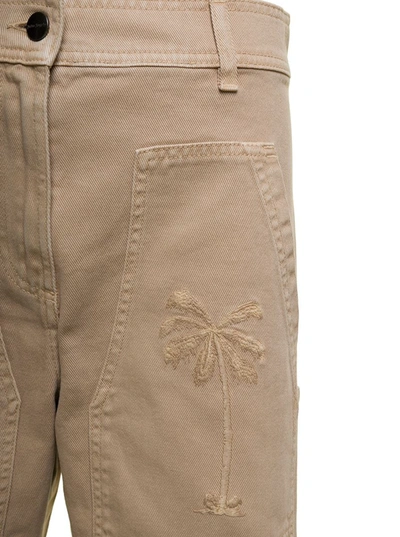 Palm Angels Beige 'cargo' Pants With Embroidered Palm In Cotton Denim Woman In Beige