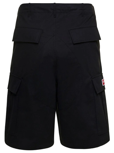 Shop Kenzo Black Cargo Shorts With Logo Patch In Cotton Man
