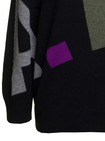 Shop Apc Black Crewneck Sweater With All-over Multicolor Logo In Wool Woman