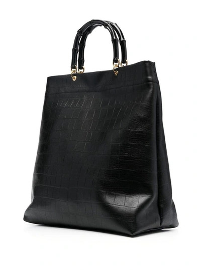 Shop Jil Sander Black Croco Embossed Tote Bag With Bamboo Handles In Leather Woman