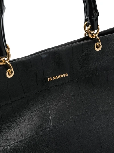 Shop Jil Sander Black Croco Embossed Tote Bag With Bamboo Handles In Leather Woman