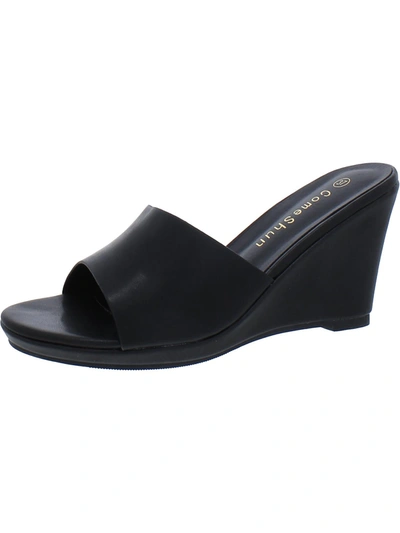 Shop Comeshun Womens Faux Leather Slip-on Wedge Sandals In Black