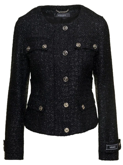 Shop Versace Black Lurex Jacket With 'medusa' Silver-tone Hardware In Wool Blend Woman