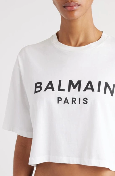 Shop Balmain Logo Crop Cotton Graphic T-shirt In Gab White/ Black