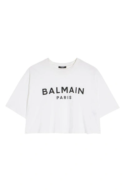 Shop Balmain Logo Crop Cotton Graphic T-shirt In Gab White/ Black