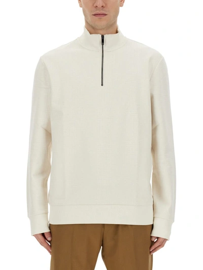 Shop Hugo Boss Boss Sweatshirt With Collar And Zipper In White
