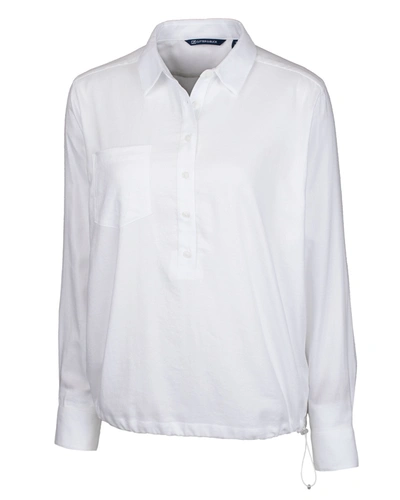 Shop Cutter & Buck Ladies' Windward Twill Long Sleeve Popover Shirt In White