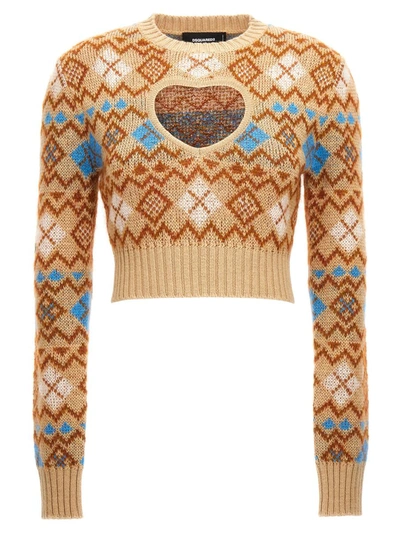 Shop Dsquared2 'heart Vintage Shetland' Sweater In Beige