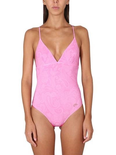 Shop Etro One Piece Swimsuit With Logo In Pink