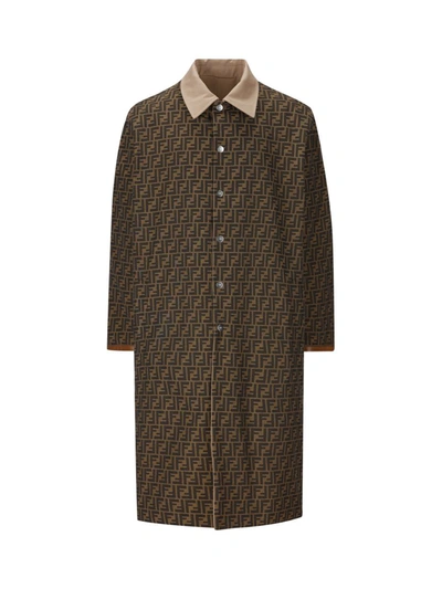 Fendi Logo Monogram Reversible Trench Coat In Walnut/army