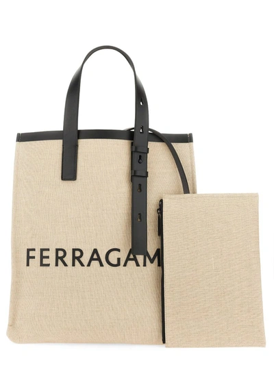 Shop Ferragamo Tote Bag With Logo In Beige