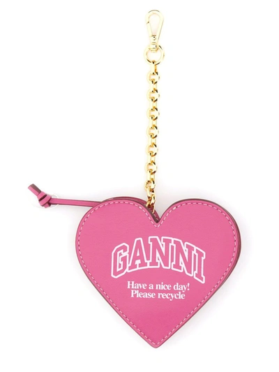 Shop Ganni "funny Heart" Coin Purse In Fuchsia
