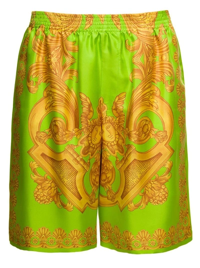 Shop Versace Green And Gold Shorts With All-over Barrocco Print In Silk Man