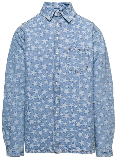 Shop Erl Light Blue Long Sleeve Shirt With All-over Star Print In Cotton Denim