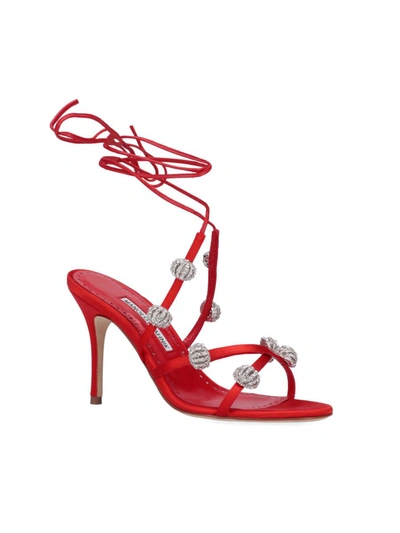 Manolo Blahnik Heel Sandals With Embellished Strappy Design In Red