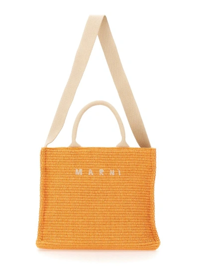 Shop Marni Small Raffia Tote Bag In Orange