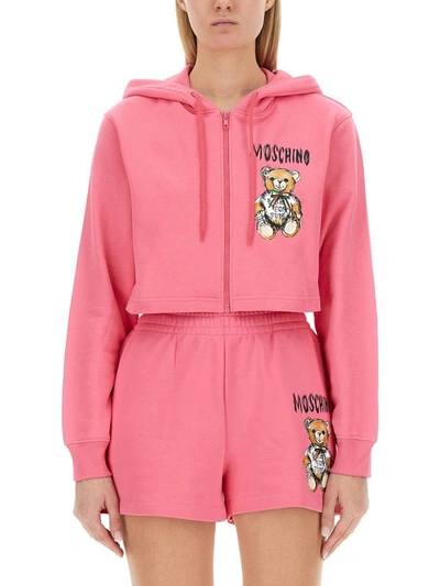 Shop Moschino Cropped Sweatshirt With Teddy Bear Logo In Pink