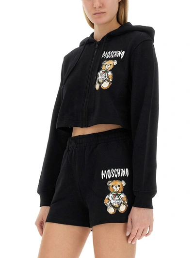 Shop Moschino Cropped Sweatshirt With Teddy Bear Logo In Black