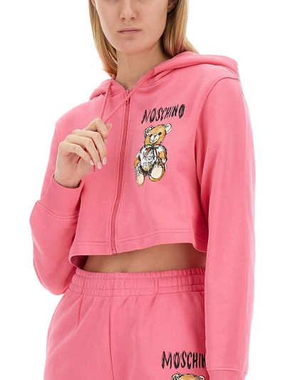 Shop Moschino Cropped Sweatshirt With Teddy Bear Logo In Pink