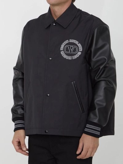 Valentino Track Jacket With Leather Sleeves And Patches In Black
