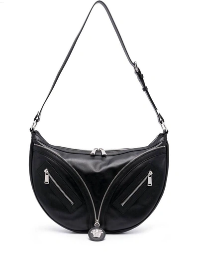 Shop Versace Small Repeat Shoulder Bag With Medusa Head In Black Leather Woman