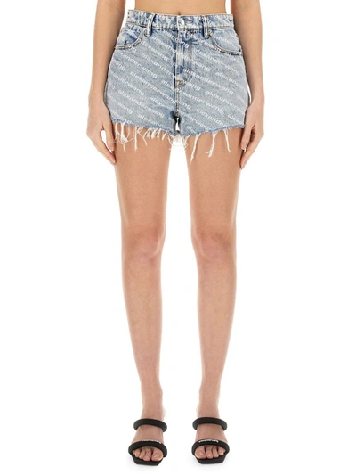 Shop Alexander Wang T T By Alexander Wang Shorts With All Over Logo In Denim
