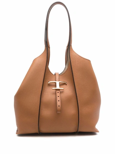 Shop Tod's T Timeless Small Leather Tote Bag In Leather Brown