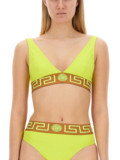 Shop Versace Bikini Top With "greek" In Yellow
