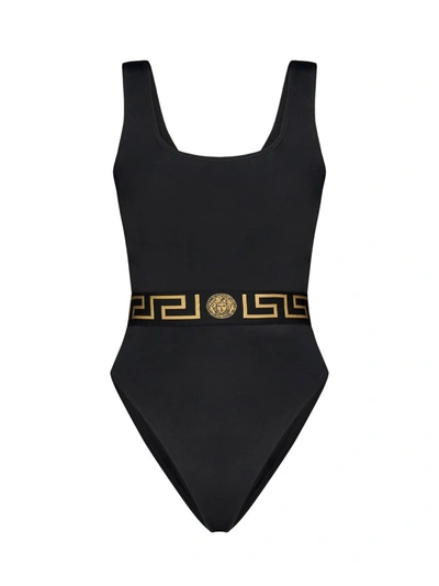 Shop Versace One Piece Swimsuit With Greek In Black