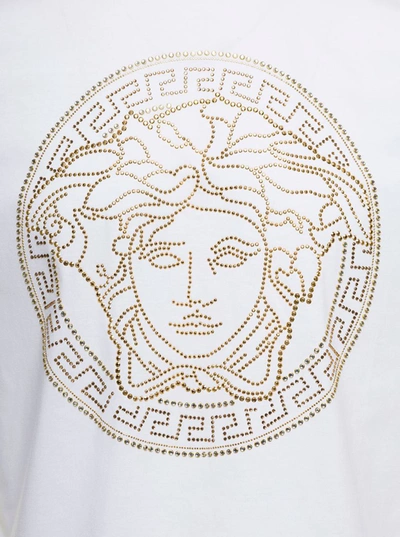 Shop Versace White Crewneck T-shirt With Studded Medusa In Cotton Man