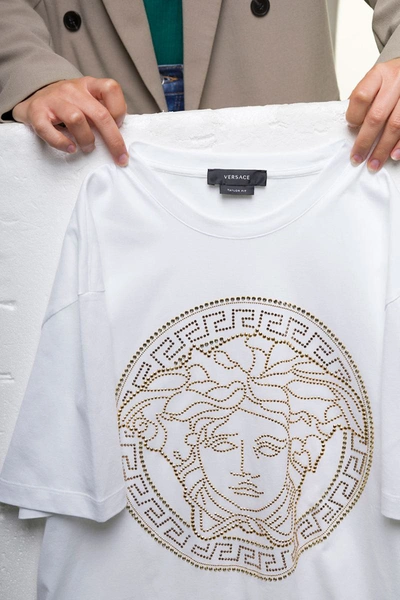 Shop Versace White Crewneck T-shirt With Studded Medusa In Cotton Man