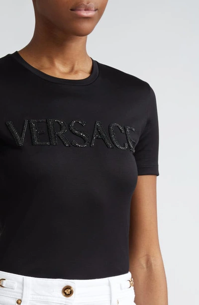 Shop Versace Slim Fit Crystal Embellished Logo T-shirt In Black