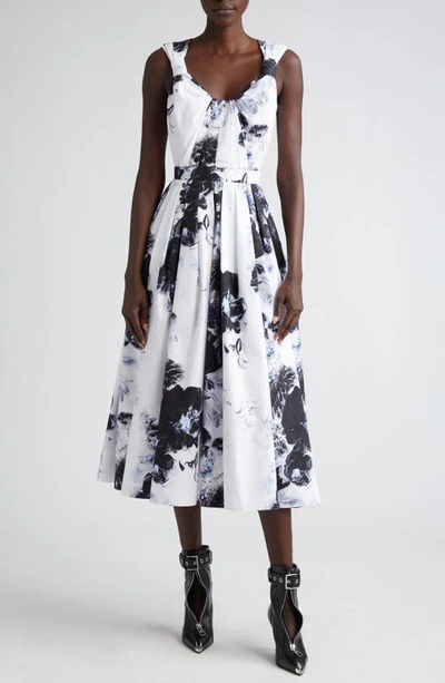 Alexander Mcqueen Womens Ink Floral-print Sweetheart-neck Cotton Midi Dress In Ink