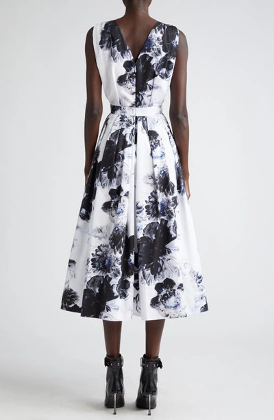 Alexander Mcqueen Womens Ink Floral-print Sweetheart-neck Cotton Midi Dress In Ink