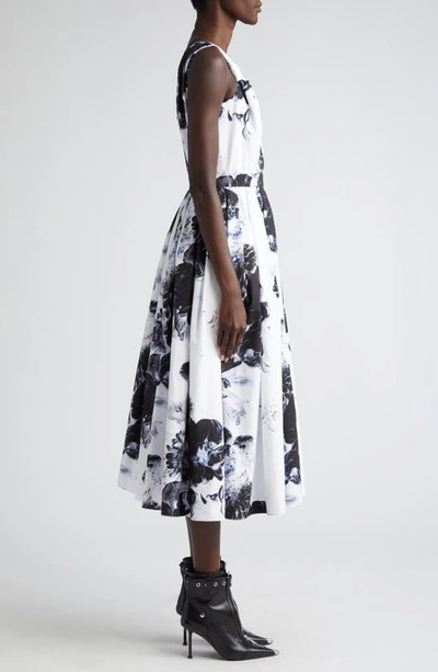 Alexander Mcqueen Womens Ink Floral-print Sweetheart-neck Cotton Midi Dress In Ink