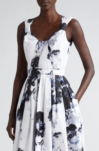 Alexander Mcqueen Womens Ink Floral-print Sweetheart-neck Cotton Midi Dress In Ink