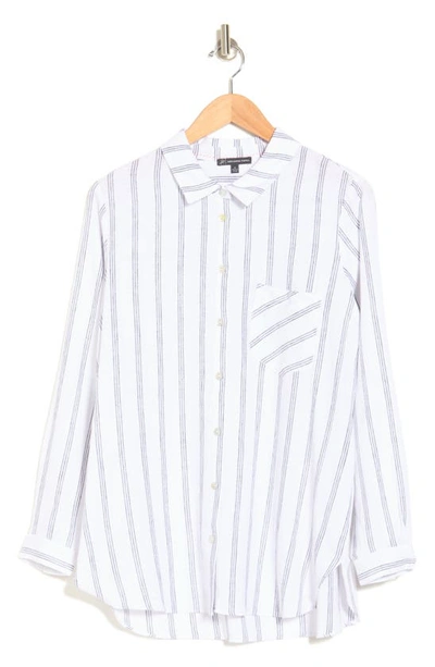 Shop Adrianna Papell Boyfriend Linen Blend Button-up Shirt In White/ Grey Triple Stripe