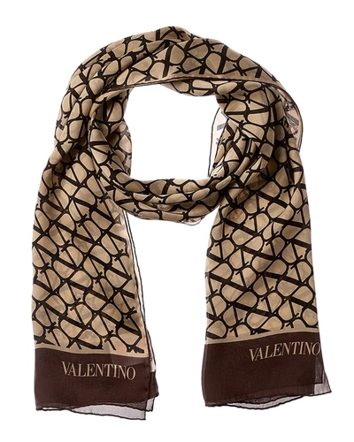 Shop Valentino Vlogo Signature Silk Scarf In Brown