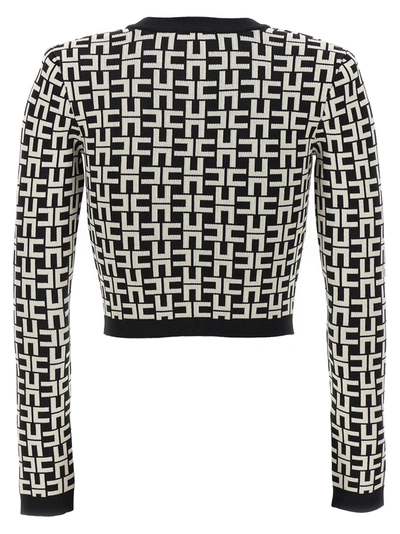 Shop Elisabetta Franchi Jacquard Logo Cardigan Sweater, Cardigans White/black