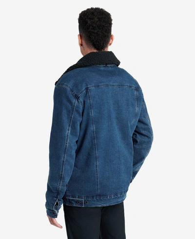 Kenneth Cole Stretch Denim Jacket In Blue With Sherpa Collar + Lining In Blue