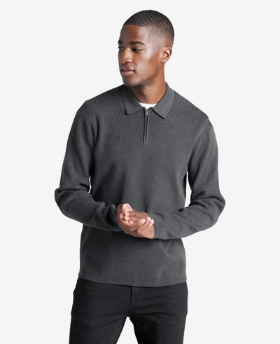Kenneth Cole Men's Slim-fit Zip-placket Long Sleeve Polo Sweater In Charcoal