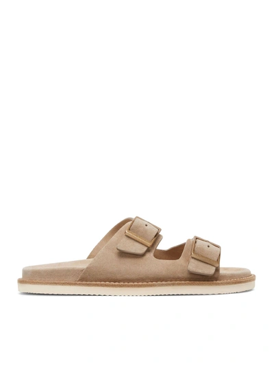 Shop Brunello Cucinelli Men Double-buckle Suede Sandals In Cream